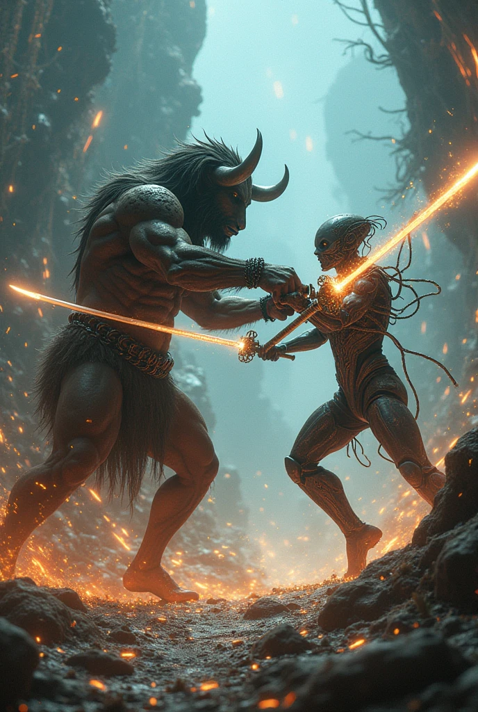 A buffalo man character sword fight with alien