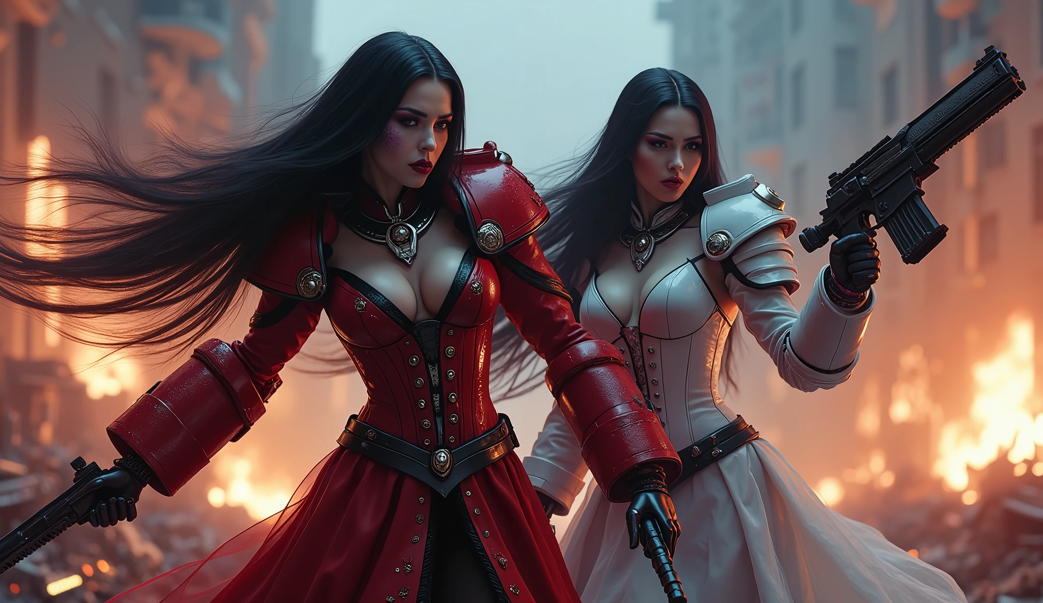 Full body pose sexy sisters of battle from the warhammer 40k, red and white armor, religous symbols on the armor, sisters of battle, warhammer 40k, Massive silicone breast, pale skin, seductive, temptation, eat your soul, clevage, long flowing black hair with purple highlights, heavy gothic makeup, at night, neon, beautiful detailed eyes, beautiful detailed lips, extremely detailed eyes and face, long eyelashes, highly detailed armor, intricate futuristic weaponry, dramatic lighting, cinematic composition, muted color palette, gritty and realistic, mecha, science fiction, hyper-detailed, photorealistic, award winning digital art, 8k, HDR, masters work, in the middle of a battle field, full body combat action pose, explosions and fire around, full war, stunning, Stilleto heels, high heels, full body pose, cinematic, movie trailer, final stand!, nemesis, ready to strike, dust and debree, combat screams, attacking. shooting at the enemy, running forward, last line of defense, charging