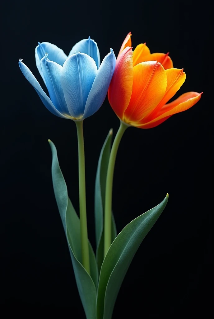 Masterpiece, best quality, black background, on the top side there is small tulips two colors blue and orange, very