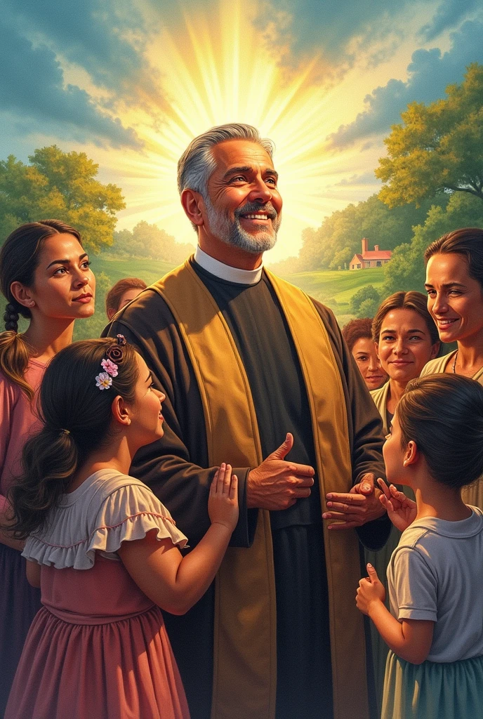 Color drawing of Father Rafael Garcia Herreros leaving a mark on people's lives