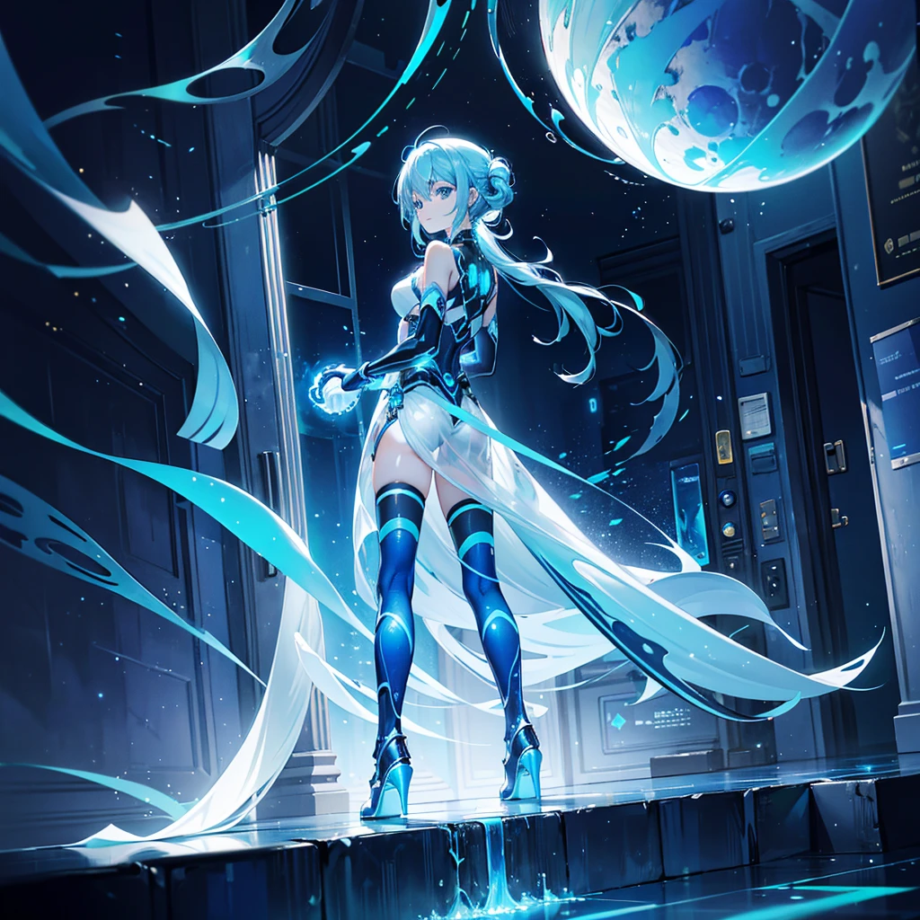 ((Holographic glow effect)),8k, Highest quality, (real:1.4), Original photo, 1 person, Asari Hair, Biological Amplifier, Very sleek and futuristic armor, posture: Peace talks between warring factions,,attention arousal, smart blue eyes,A modest smile,Knee-high boots,Patent-look blue tights,Blue big moon and blue light swirl in the background,Blue light from behind,blue light magic,A small, glowing blue ball in the palm of your hand,Blue flame swirl,Blue Comet,Polished floor,