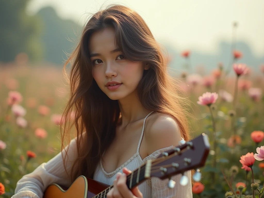 fot, taken from a distance that shows the entire body, She is very young, plein-air, in a flower garden, sexy short dress, medium hips, Caucasian skin, sad for a lost love, long brown hair, a softened wry smile - contained excitement, Soft lighting on your face, realistic skin-clothes-hair textures, sky blue eyes carpeted mist, beautiful real textures and delicate aesthetics, full body view, playing guitar, notable for natural feminine beauty, noise, 8 k quality, FOTO RAW, by professional photographer, rule of thirds, Extremely Detailed
