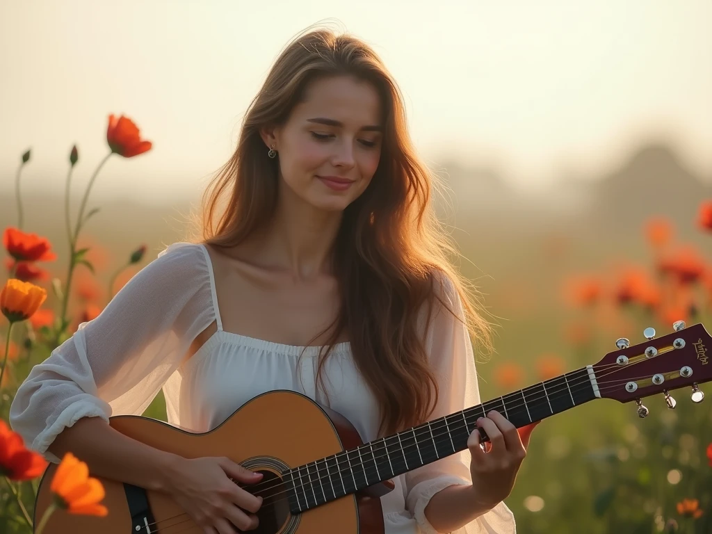 fot, taken from a distance that shows the entire body, She is very young, plein-air, in a flower garden, sexy short dress, medium hips, Caucasian skin, sad for a lost love, long brown hair, a softened wry smile - contained excitement, Soft lighting on your face, realistic skin-clothes-hair textures, sky blue eyes carpeted mist, beautiful real textures and delicate aesthetics, full body view, playing guitar, notable for natural feminine beauty, noise, 8 k quality, FOTO RAW, by professional photographer, rule of thirds, Extremely Detailed
