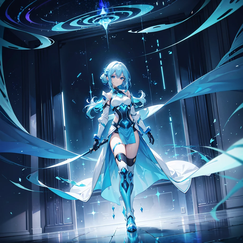 ((Holographic glow effect)),8k, Highest quality, (real:1.4), Original photo, 1 person, Asari Hair, Biological Amplifier, Very sleek and futuristic armor, posture: Peace talks between warring factions,,attention arousal, smart blue eyes,A modest smile,Knee-high boots,Patent-look blue tights,Blue big moon and blue light swirl in the background,Blue light from behind,blue light magic,A small, glowing blue ball in the palm of your hand,Blue flame swirl,Blue Comet,Polished floor,