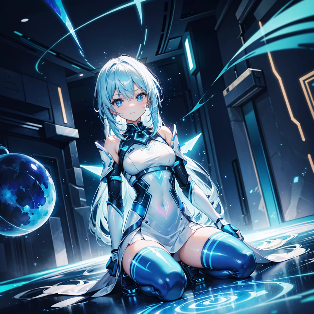 ((Holographic glow effect)),8k, Highest quality, (real:1.4), Original photo, 1 person, Asari Hair, Biological Amplifier, Very sleek and futuristic armor, posture: Peace talks between warring factions,,attention arousal, smart blue eyes,A modest smile,Knee-high boots,Patent-look blue tights,Blue big moon and blue light swirl in the background,Blue light from behind,blue light magic,A small, glowing blue ball in the palm of your hand,Blue flame swirl,Blue Comet,Polished floor,