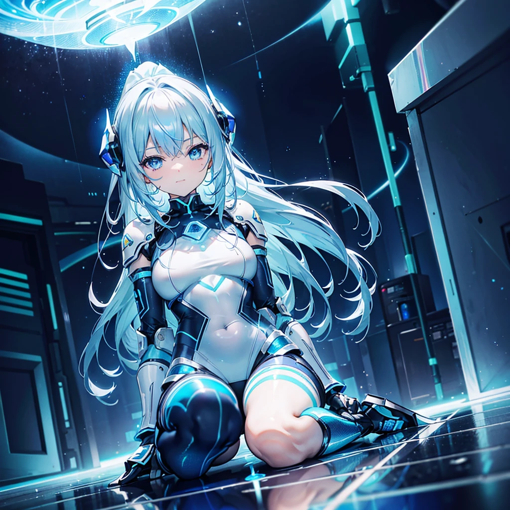 ((Holographic glow effect)),8k, Highest quality, (real:1.4), Original photo, 1 person, Asari Hair, Biological Amplifier, Very sleek and futuristic armor, posture: Peace talks between warring factions,,attention arousal, smart blue eyes,A modest smile,Knee-high boots,Patent-look blue tights,Blue big moon and blue light swirl in the background,Blue light from behind,blue light magic,A small, glowing blue ball in the palm of your hand,Blue flame swirl,Blue Comet,Polished floor,