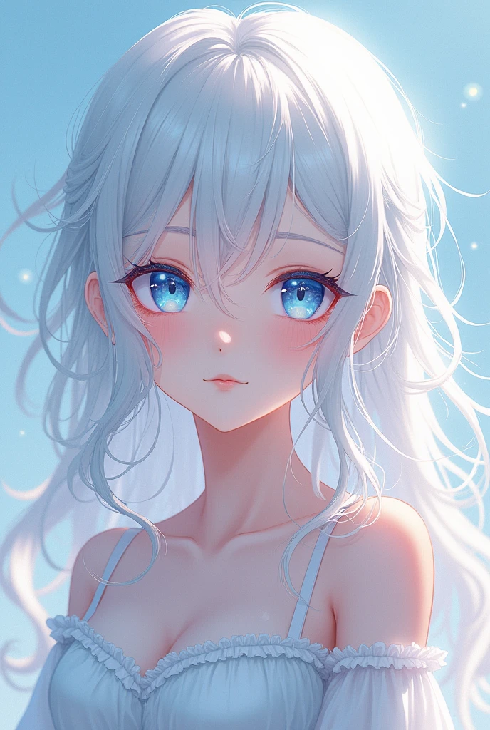 An anime girl about , her hair is white, curly and very long, her eyes are crystal blue, her hair is loosely tied 