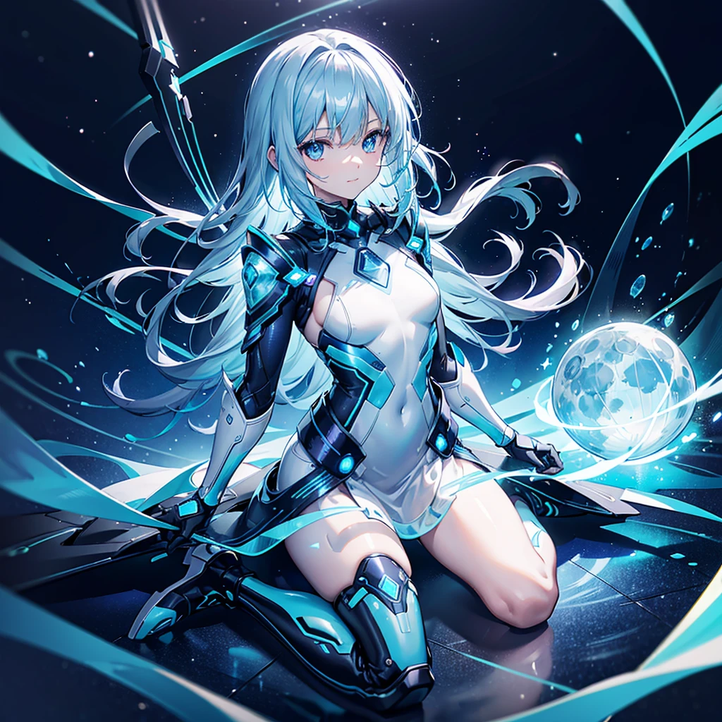 ((Holographic glow effect)),8k, Highest quality, (real:1.4), Original photo, 1 person, Asari Hair, Biological Amplifier, Very sleek and futuristic armor, posture: Peace talks between warring factions,,attention arousal, smart blue eyes,A modest smile,Knee-high boots,Patent-look blue tights,Blue big moon and blue light swirl in the background,Blue light from behind,blue light magic,A small, glowing blue ball in the palm of your hand,Blue flame swirl,Blue Comet,Polished floor,