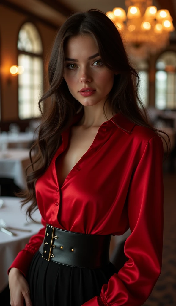 a woman standing in front in the background of a restaurant,, by Andrei Kolkoutine, tumblr, smile, portrait of a young witch girl, red elegant shirt, full body, vulptuous body, big breasts,refined editorial photograph, wearing a gothic dress, innocent look. rich vivid colors, tom bagshaw style, elegant fashion model, girl with dark brown hair, young handsome pale roma, portait photo, ISO 300, 1/250s, F/2,8, 38 mm, extremely high quality RAW photograph, 4k, sharp focus, high resolution, 8k UHD, DSLR, high quality, film grain, Fujifilm XT3