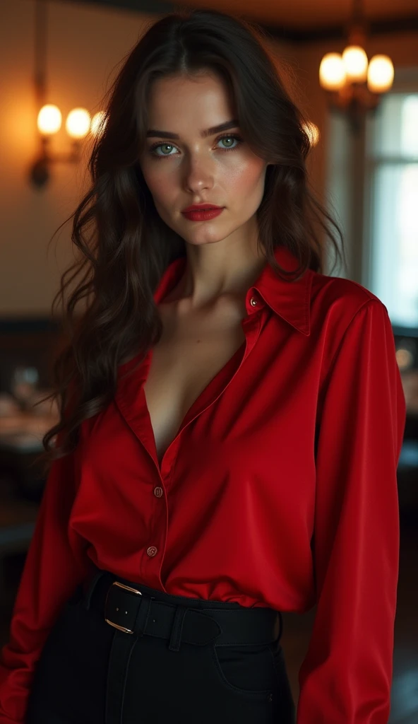 a woman standing in front in the background of a restaurant,, by Andrei Kolkoutine, tumblr, smile, portrait of a young witch girl, red elegant shirt, full body, vulptuous body, big breasts,refined editorial photograph, wearing a gothic dress, innocent look. rich vivid colors, tom bagshaw style, elegant fashion model, girl with dark brown hair, young handsome pale roma, portait photo, ISO 300, 1/250s, F/2,8, 38 mm, extremely high quality RAW photograph, 4k, sharp focus, high resolution, 8k UHD, DSLR, high quality, film grain, Fujifilm XT3