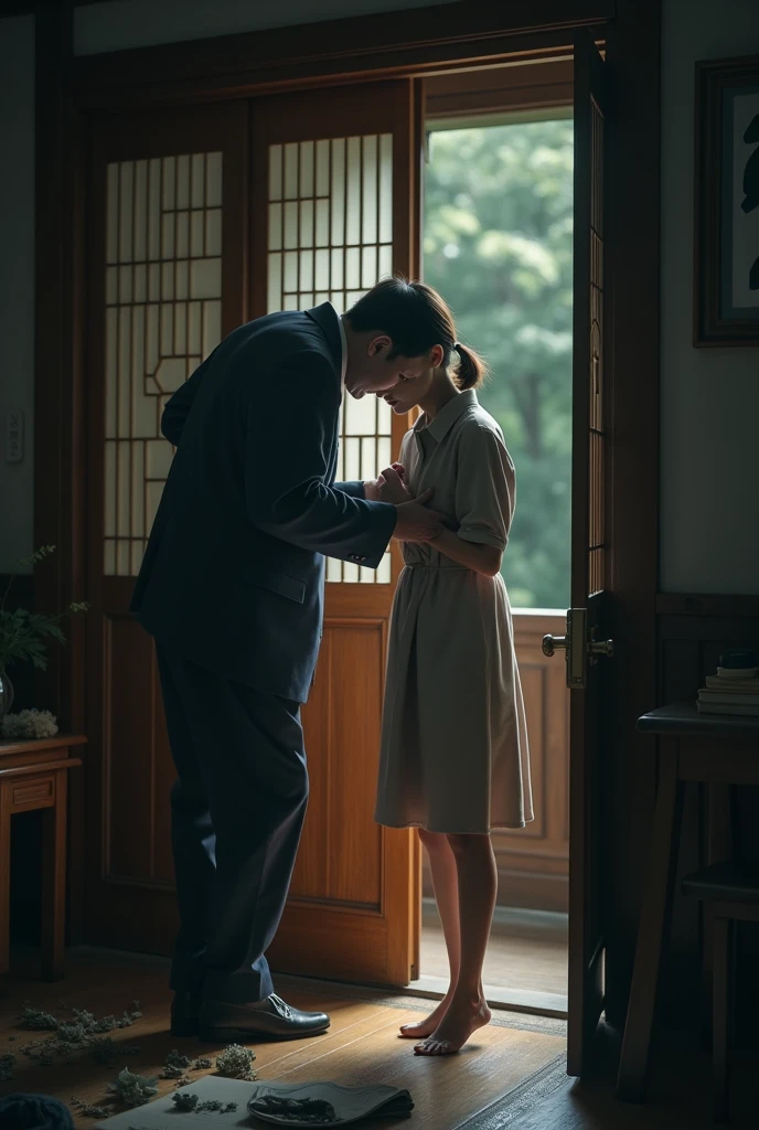 Dark image of a pretty Korean girl being kicked out of her house by her angry father