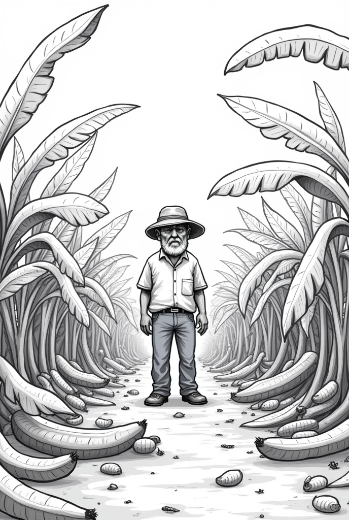 Create an easy to draw black and white drawing, of a slightly older man with a beard and a hat, worried and sad, in a banana plantation as he found them destroyed and fallen to the ground, On the ground you throw out fallen bananas and make the man sad and worried while he watches them , Put a hat on him and more bananas on the ground , That image is fine, just put what I just told you. , He places banana plants around him and the man looks at the bananas on the ground with sadness , Place more bananas on the ground and watch them. , but put them all down , Take them away from being together and put them individually but quite a bit , Place the man in a standing position but staring at the bananas on the ground, with a sad face , Place the smaller bananas . Put more bananas and the man looks sad , Place a lot of bananas on the ground , put it facing the bananas 