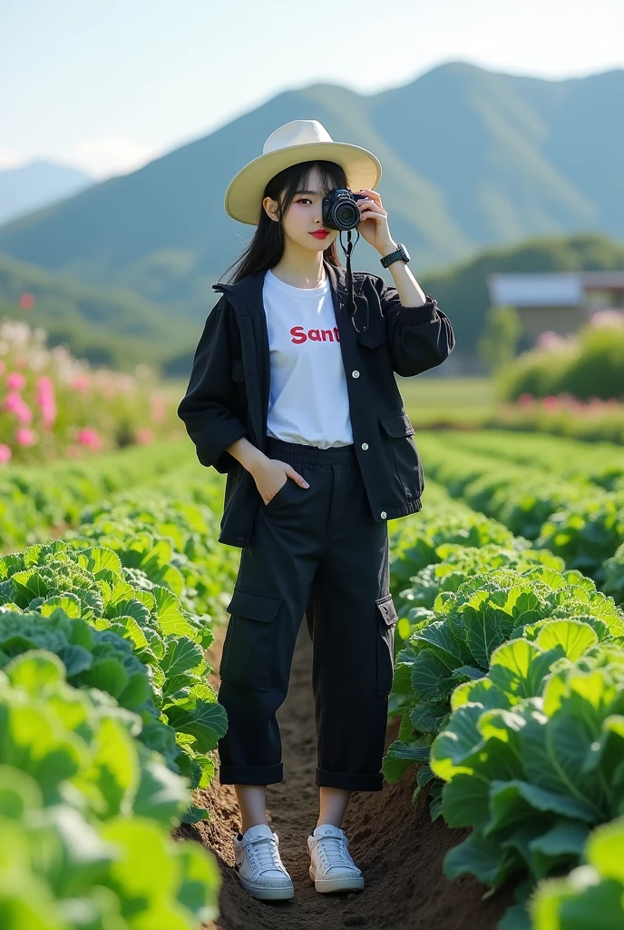 Beautiful Korean girl, smooth white skin, well-groomed face, tied black hair, white hat, posing in a very fertile and beautiful broccoli field. Holding a camera, black jacket, white t-shirt with the Santi logo, cool watch, knee-length cargo pants, white snake shoes, mountain background and beautiful flowers, original photo, realistic