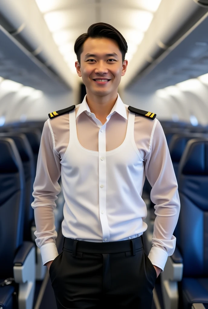 a picture of a male cabin crew member of Thai chinese descent, white skin standing confidently in an airplane cabin. He has sleek, middle-parted hair and is wearing a very thin see through long sleeves white shirt that can see his tank top undershirt clearly. His attire includes black pants, Black shoulder badges are visible, indicating his rank or role. He stands with both hands casually in his pockets, exuding professionalism and approachability in the cabin's aisle.