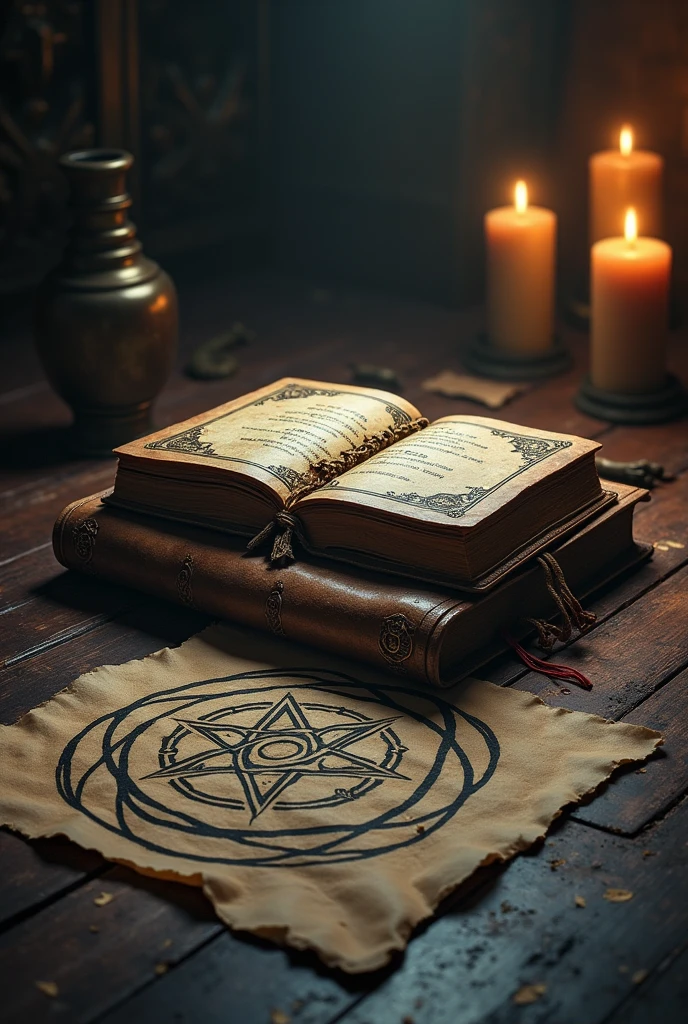 Ritual book on table. Symbol drawn on the ground 
