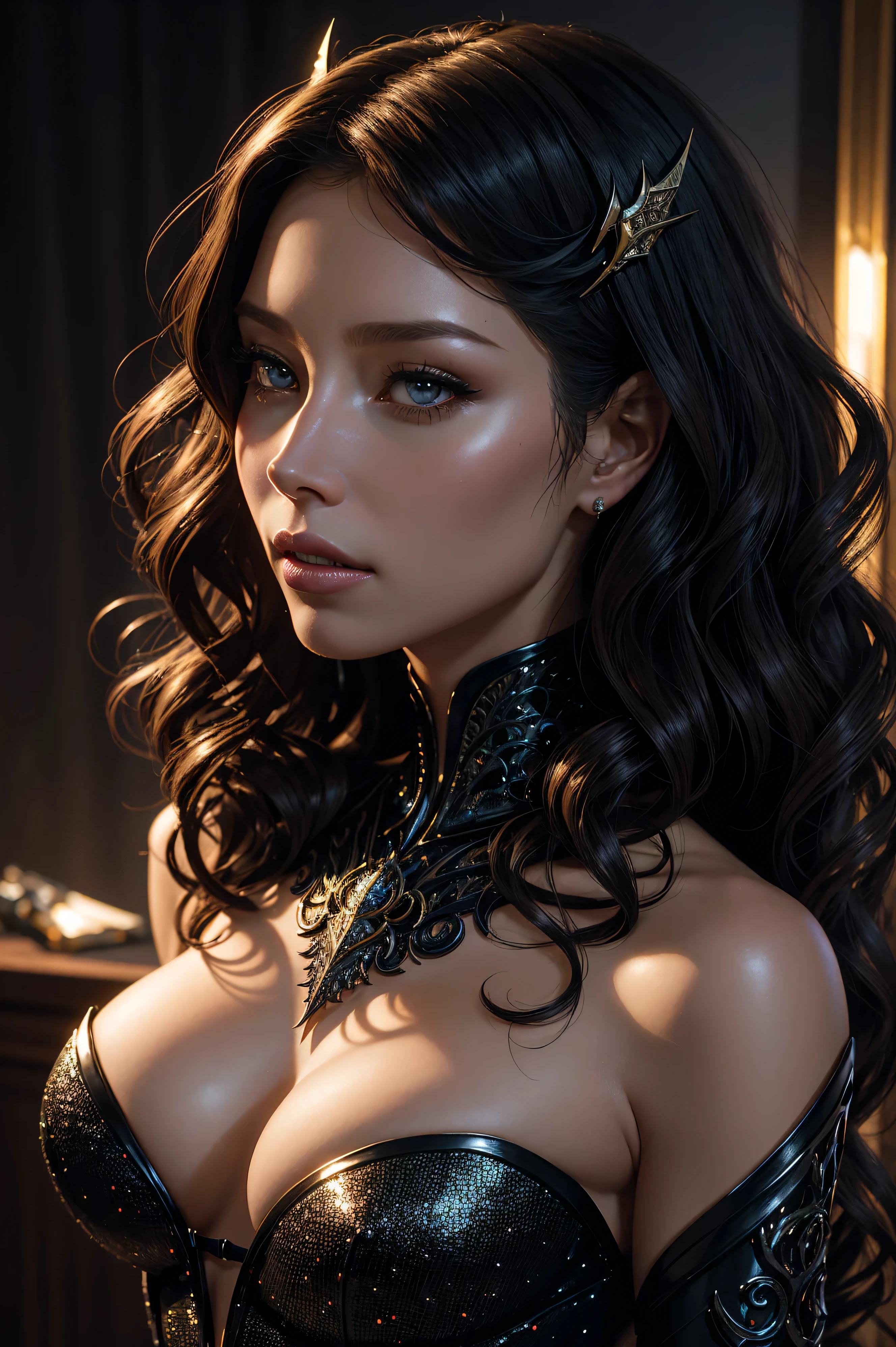 portrait Jessica Biel, wearing beauty catwoman outfit, in a coffin, 3 0 3 0 s, curly hair, intricate, elegant, highly detailed, digital painting, artstation, concept art, smooth, sharp focus, illustration, art by thomas kindkade, charlie bowater, artgerm, greg rutkowski, alphonse mucha and alexandra fomina, 36k, glittering, shining