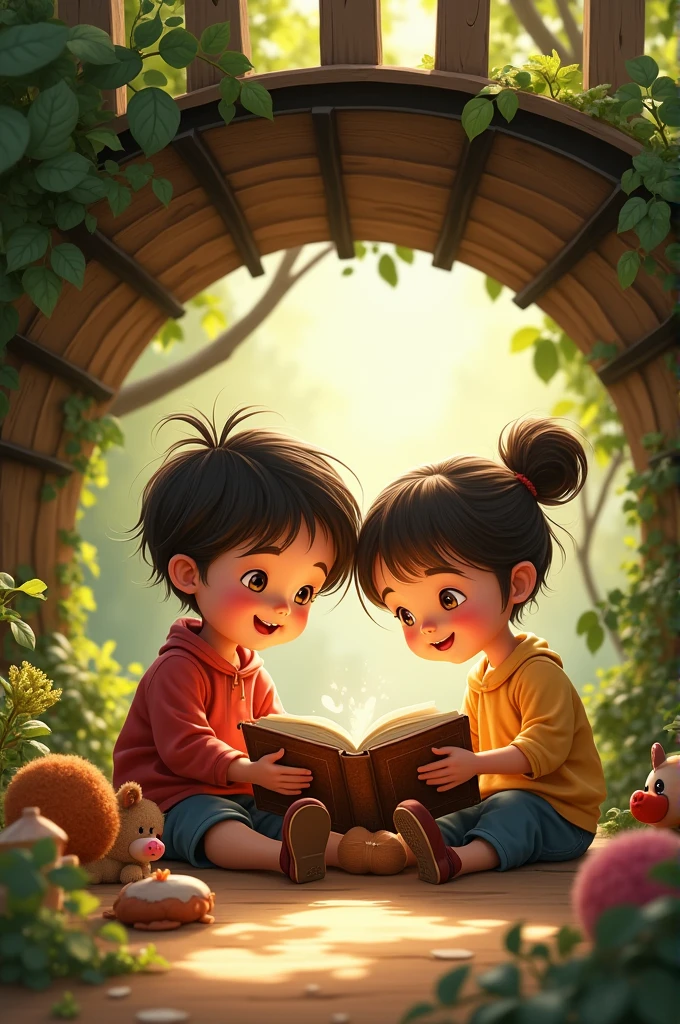 [Image de Clara et Léo assis sous le pont en bois, entourés de jouets et de livres. Ils rient ensemble en regardant un vieux livre d'histoires, avec des rayons de soleil filtrant à travers les arbres.]