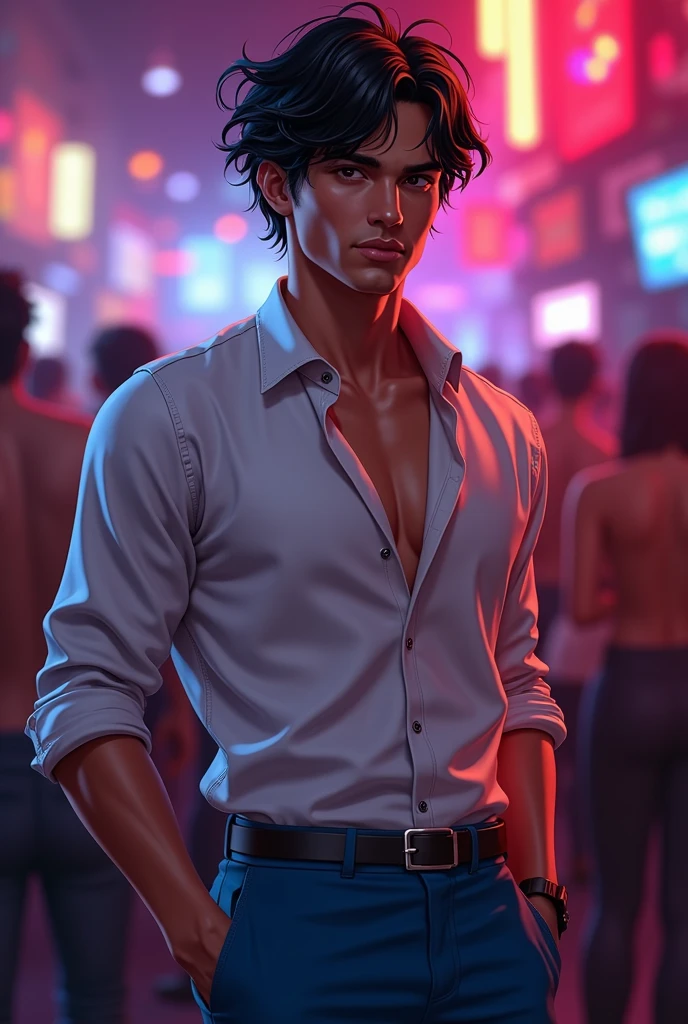 Young man with black hair faded in Spain in a nightclub with a white shirt and blue pants