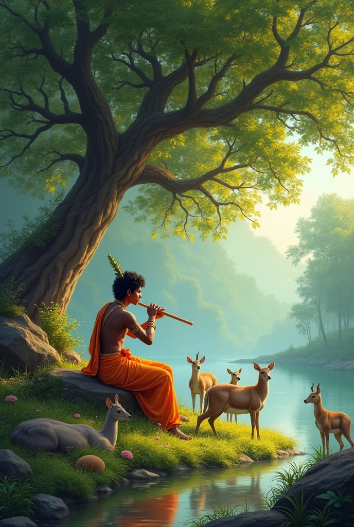 Lord krishna playing flute with animals under a kadam tree sitting on a stone near a river