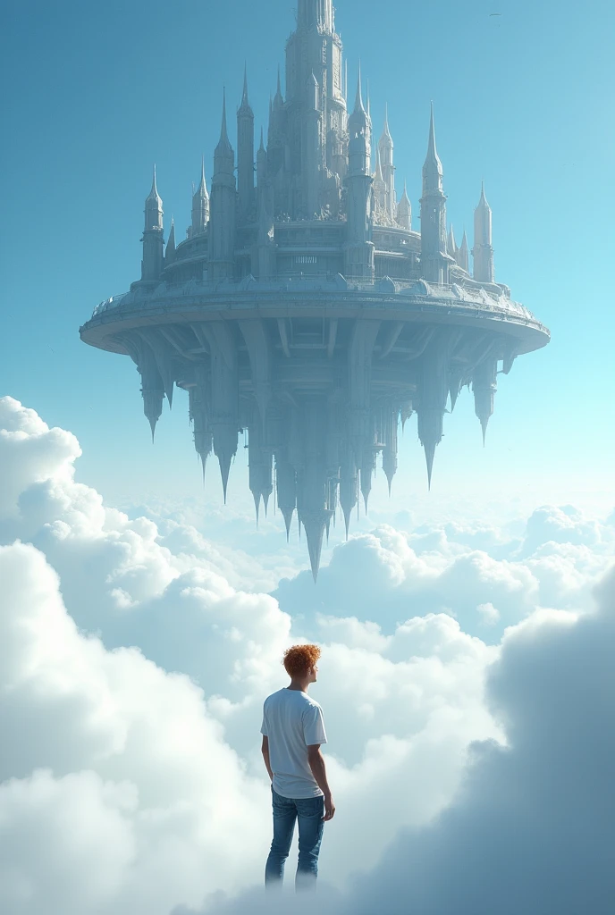 The endless plain covered of cloud. A cinematic medium shot of a man with reddish-blonde hair wearing a t-shirt and jeans. He is between the fluffy white clouds, knee-deep in clouds, and looking at a beautiful, magnificent flying fantasy city with intricate details. The city is floating in the air above the clouds.  The background is a clear blue sky. The city has a heptagonal symmetrical shape, the corner towers are connected to the central part by galleries and passages. The city is both a defensive structure and a masterpiece of architecture. It has a futuristic look, but at the same time fantasy fairy tale outlines. (high resolution, high detail, best quality),
(masterpiece:1.2,Highest quality,Ultra-high resolution,Very detailed,Realistic,Ultra-high resolutionのカメラ),8k,wallpaper, A cool, sci-fi look,,masterpiece,Highest quality,Ultra-high resolution,(Super detailed),8k,Realistic,Best aesthetics,beautiful,(dynamic,Great impact:1.2), (HDR:1,2), high contrast.