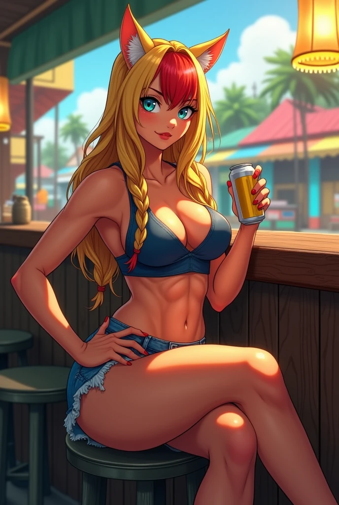 Heroine Very muscular woman body builder body of a professional fighter athletic great physical attributes tanned brown skin she has sun marks from her bra and thong panties in Vê, She is blonde with long hair with a single red fringe and has two long braids and cat ears., It has eyes of two different colors, the left one is pool blue and has a pool blue sclera, the right one is yellow and has a yellow sclera, both eyes have a cat's pupil, She is wearing very typical Brazilian clothing, a women's tank top, denim shorts and flip-flops.. Art style Vtuber 2.5D. She is in a bar in the colorful Brazilian city. She is sitting holding a can of beer