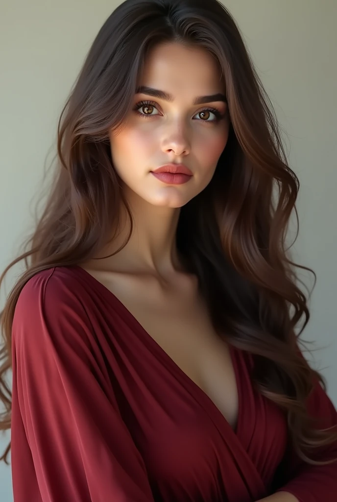 (photorealism:1.2), beautiful pakistan woman, maroon dress maroon pumpy long hair white skin tone red lipstick brown eyes