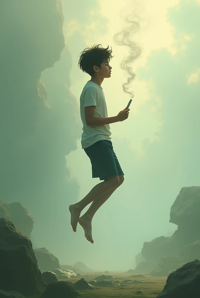 A boy smoke weed and flying