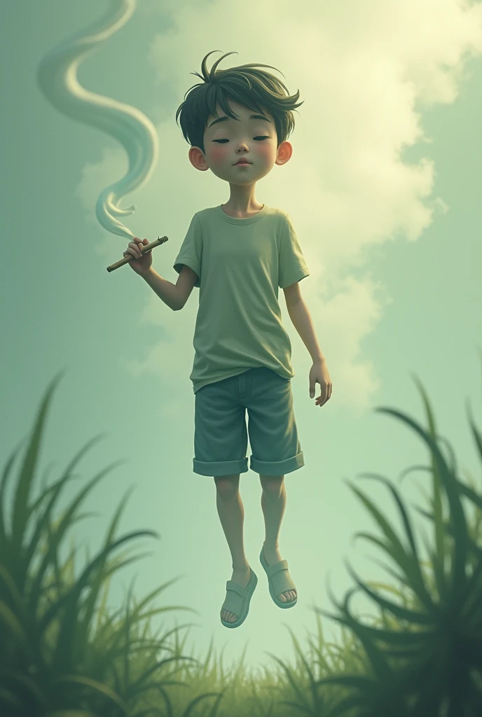 A boy smoke weed and flying