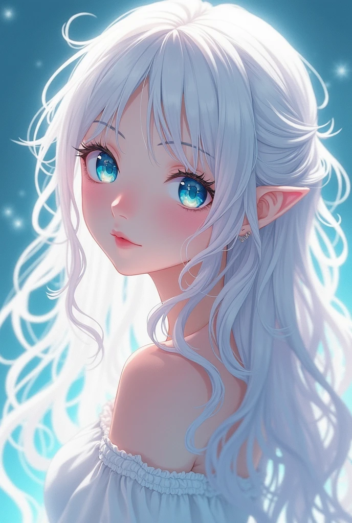 An anime girl about , her hair is white, curly and very long, her eyes are crystal blue, her hair is loosely tied