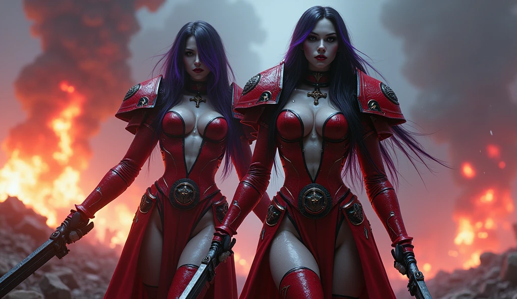 Full body pose sexy sisters of battle from the warhammer 40k, red and white armor, oil on body, wet body, religous symbols on the armor, sisters of battle, warhammer 40k, Massive silicone breast, pale skin, seductive, temptation, eat your soul, clevage, long flowing black hair with purple highlights, heavy gothic makeup, at night, neon, beautiful detailed eyes, beautiful detailed lips, extremely detailed eyes and face, long eyelashes, highly detailed armor, intricate futuristic weaponry, dramatic lighting, cinematic composition, muted color palette, gritty and realistic, mecha, science fiction, hyper-detailed, photorealistic, award winning digital art, 8k, HDR, masters work, in the middle of a battle field, full body combat action pose, explosions and fire around, full war, stunning, Stilleto heels, high heels, full body pose, cinematic, movie trailer, final stand!, nemesis, ready to strike, dust and debree, combat screams, attacking. shooting at the enemy, running forward, last line of defense, charging