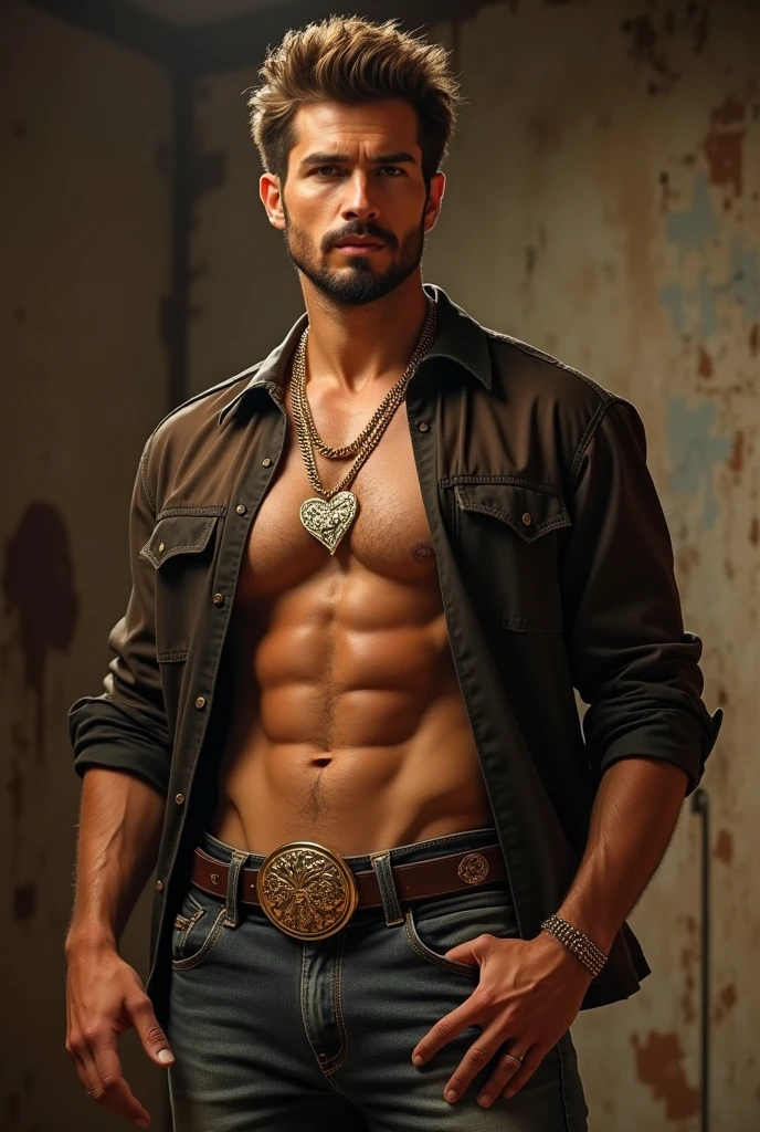 create a country singer style: Gustavo Lima, handsome, Cao Cao, beard and regua, tufty hair, light brown, wearing tight pants, tight transparent shirt and a beautiful, thick, heart-shaped gold necklace