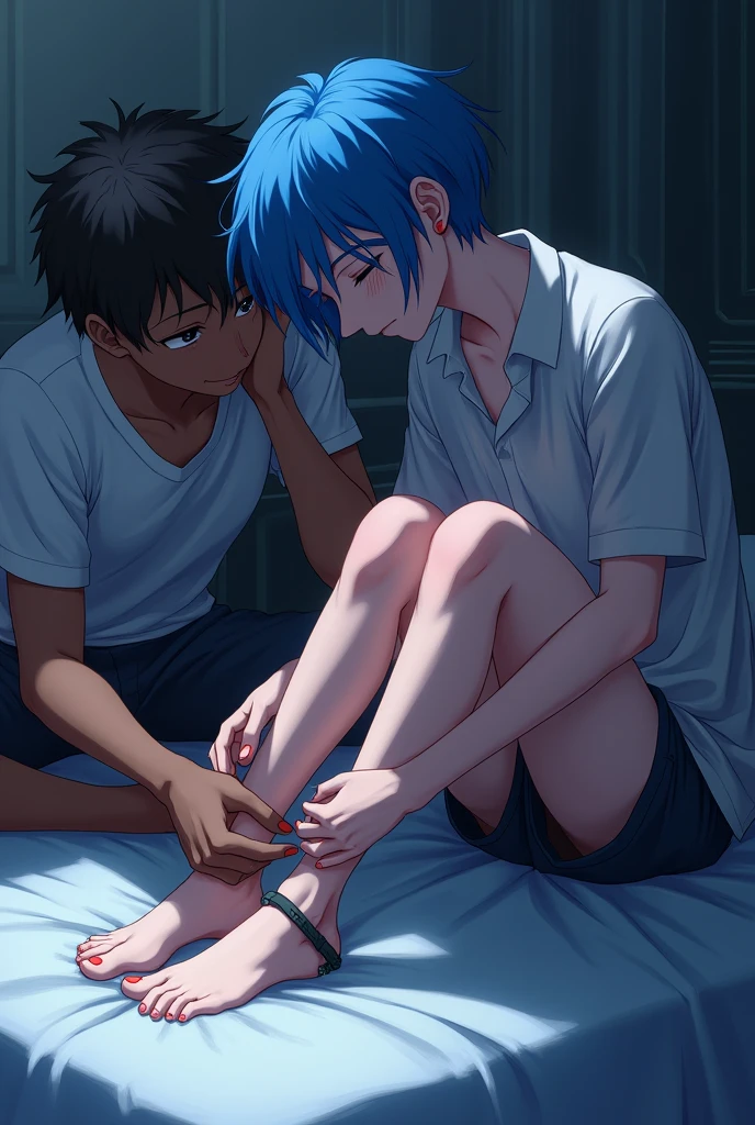 Emo anime boy, very white feet, blue hair, bound hand and foot, on the bed, getting tickled on the feet, barefoot, Beautiful feet, aesthetic feet, correct fingers, a dark-skinned boy sniffing his feet