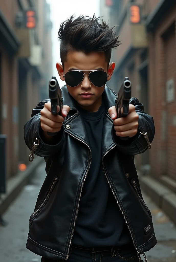 A boy with sunglasses and wearing a black leather jacket holding a gun in both hand