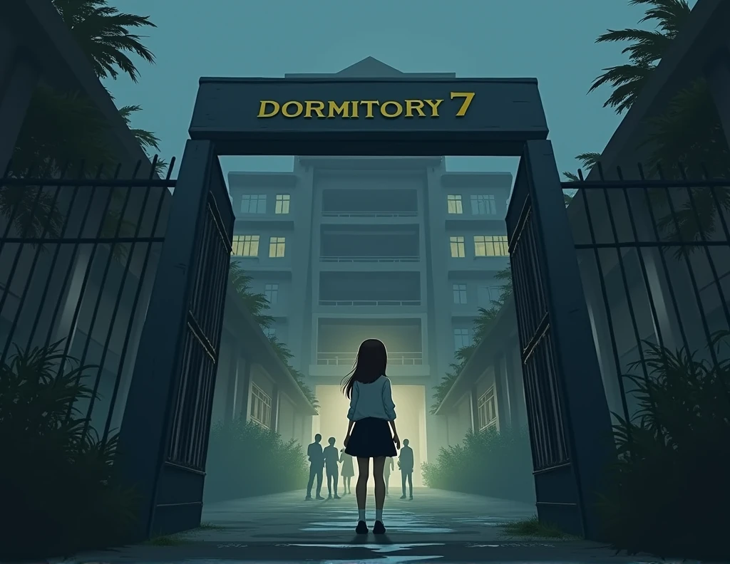 A student dormitory with a mix of modern and traditional Thai architectural elements. The atmosphere is slightly eerie, with dense, misty surroundings. New students arrive, and one student, Narin "Nara," stands at the entrance of Dormitory 7, looking up with curiosity and apprehension. In the background, shadowy figures of other students whisper among themselves.. Nara wearing thai university uniform, with straight deep brown hair with bang.