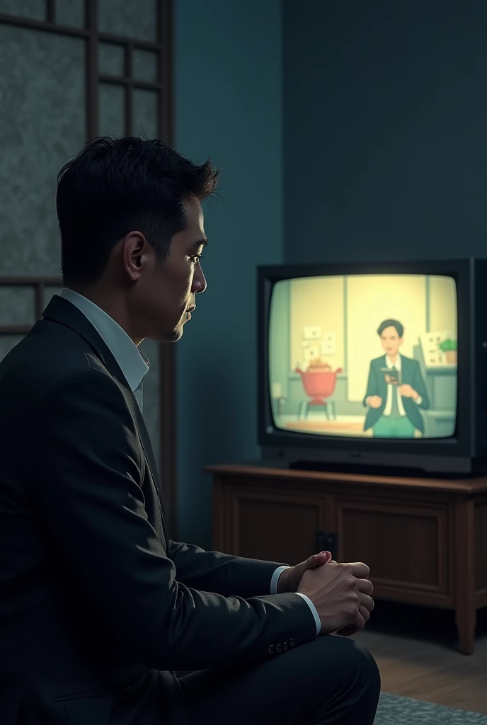 Serious adult person watching cartoon TV and focusing on the TV in front