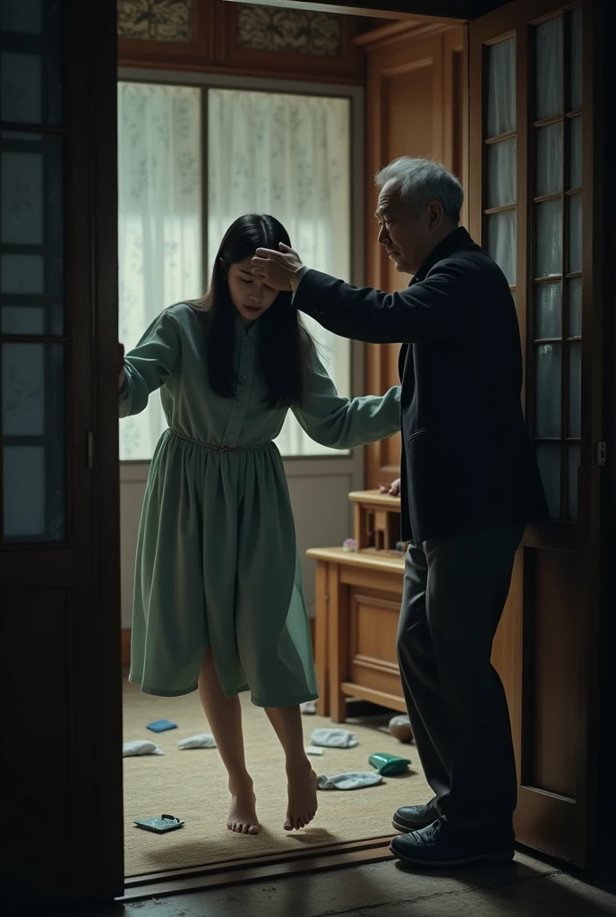 Dark image of a pretty Korean girl being kicked out of her house by her angry father 