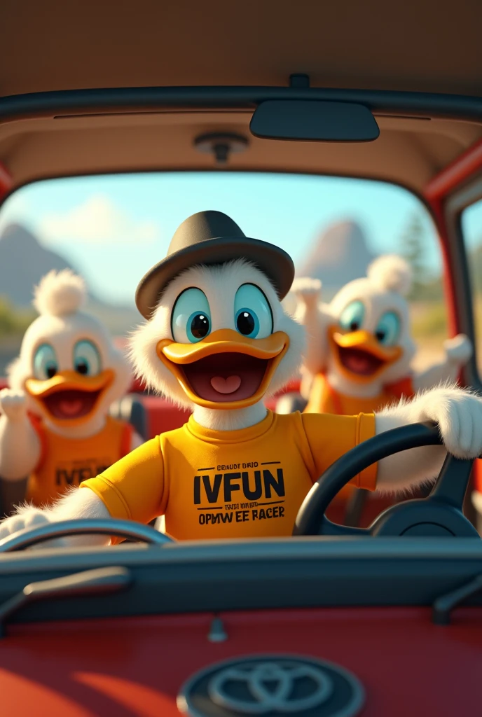 "Imagine a Scrooge McDuck-style duck enjoying a joyful family car ride. The duck is seated in the driver's seat, dressed in a bright IVFun t-shirt, with the entire family of ducks in the car also wearing matching IVFun shirts. The car’s interior is detailed, with visible elements like the dashboard, steering wheel, and seats.

The scene is captured from an angled view inside the car, showing the duck at the wheel and the family members in the backseat. Everyone’s faces are lit up with smiles and laughter, reflecting a fun and happy atmosphere. The background outside the car windows is a blur of scenic views, emphasizing the sense of a delightful journey. The overall mood is cheerful and vibrant, with everyone enjoying the ride and celebrating together." 8k
