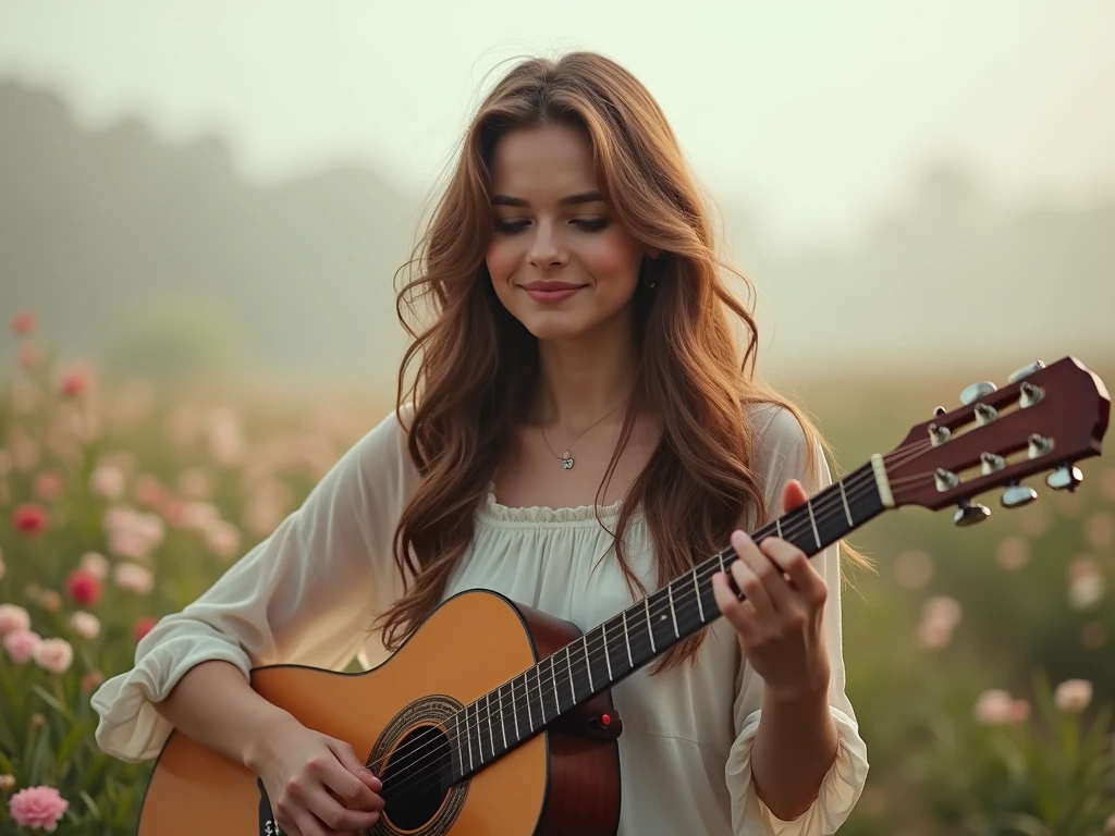 fot, taken from a distance that shows the entire body, She is very young, plein-air, in a flower garden, sexy short dress, medium hips, Caucasian skin, sad for a lost love, long brown hair, a softened wry smile - contained excitement, Soft lighting on your face, realistic skin-clothes-hair textures, sky blue eyes carpeted mist, beautiful real textures and delicate aesthetics, full body view, playing guitar, notable for natural feminine beauty, noise, 8 k quality, FOTO RAW, by professional photographer, rule of thirds, Extremely Detailed