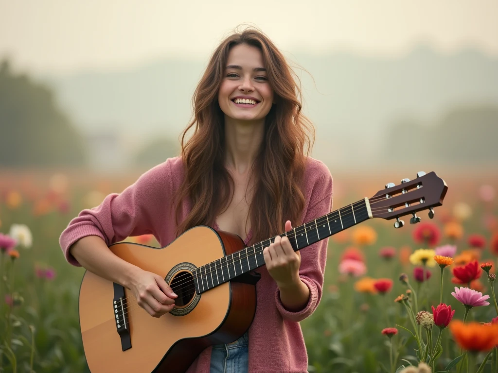 fot, taken from a distance that shows the entire body, She is very young, plein-air, in a flower garden, sexy short dress, medium hips, Caucasian skin, sad for a lost love, long brown hair, a softened wry smile - contained excitement, Soft lighting on your face, realistic skin-clothes-hair textures, sky blue eyes carpeted mist, beautiful real textures and delicate aesthetics, full body view, playing guitar, notable for natural feminine beauty, noise, 8 k quality, FOTO RAW, by professional photographer, rule of thirds, Extremely Detailed