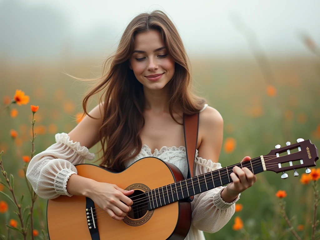 fot, taken from a distance that shows the entire body, She is very young, plein-air, in a flower garden, sexy short dress, medium hips, Caucasian skin, sad for a lost love, long brown hair, a softened wry smile - contained excitement, Soft lighting on your face, realistic skin-clothes-hair textures, sky blue eyes carpeted mist, beautiful real textures and delicate aesthetics, full body view, playing guitar, notable for natural feminine beauty, noise, 8 k quality, FOTO RAW, by professional photographer, rule of thirds, Extremely Detailed