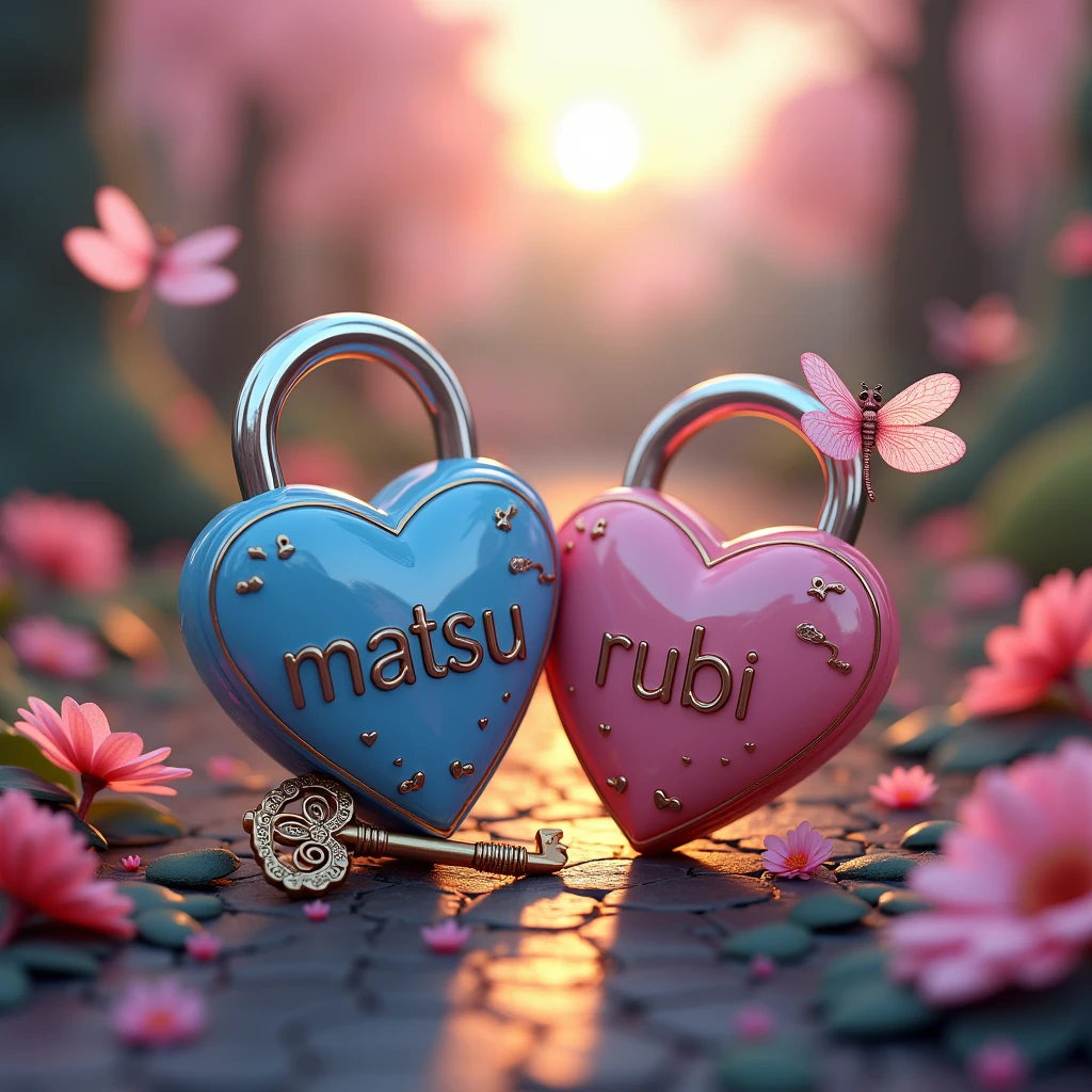 Stunning 3D rendering of a magical garden scene, where two interlocking locks symbolize the union of love between sunset and sunrise. The lock, intricately designed, reads "Matsu" in a romantic blue heart shape and "Rubi" in a cute pink heart shape. The key is decorated with roses and emits a soft light, creating a mystical atmosphere. Pink and blue dragonflies dance around the lock, adding unique charm. A gold key with an intricate heart motif sits next to the lock, ready to reveal the secret of love. This enchanting work of art masterfully combines typography, illustration and 3D rendering, evoking a love story or fairy tale, and highlighting the artist's extraordinary talent for combining various creative elements., typography, 3d rendering, photo, illustrationLess