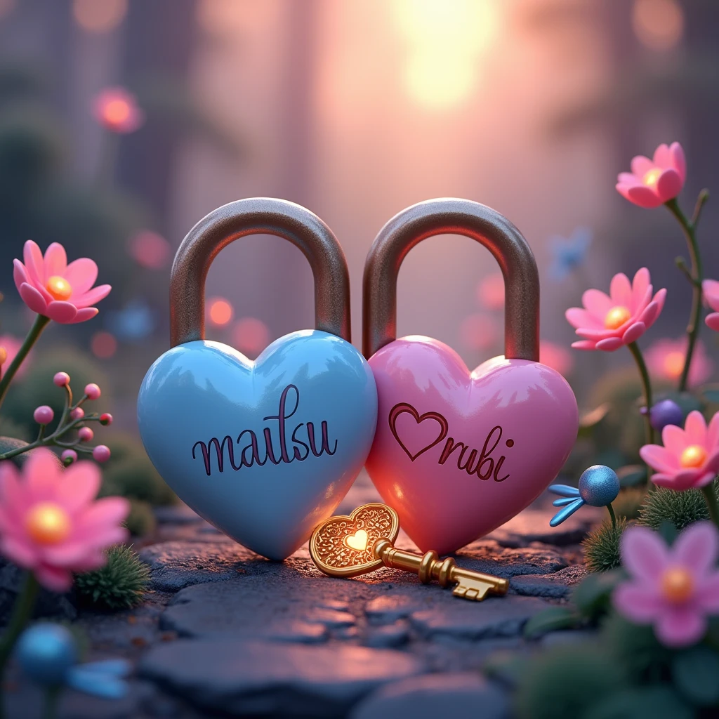 Stunning 3D rendering of a magical garden scene, where two interlocking locks symbolize the union of love between sunset and sunrise. The lock, intricately designed, reads "Matsu" in a romantic blue heart shape and "Rubi" in a cute pink heart shape. The key is decorated with roses and emits a soft light, creating a mystical atmosphere. Pink and blue dragonflies dance around the lock, adding unique charm. A gold key with an intricate heart motif sits next to the lock, ready to reveal the secret of love. This enchanting work of art masterfully combines typography, illustration and 3D rendering, evoking a love story or fairy tale, and highlighting the artist's extraordinary talent for combining various creative elements., typography, 3d rendering, photo, illustrationLess