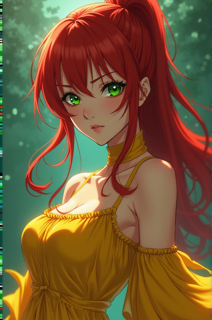90s Japanese animation style like Ghost in the Shell. Female character 19, long red hair (that she usually wears tied up), vibrant green eyes, yellow dress, athletic body small breasts and firm hips. Well-defined facial features without the use of makeup . pretty and cute, but with a mysterious look. swirly vibrant colors, 90s anime filter, sharp focus,best qualityer, Depth of field. 