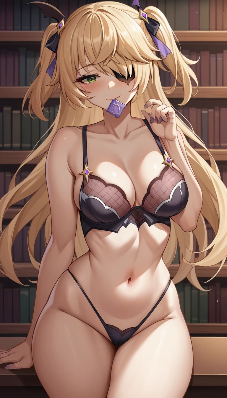 library, huge ass, medium breasts, Score_9, score_8_up, score_7_up, score_6_up, source_anime, rating:general, 1girl, beautiful woman, mature, beautiful body, curvy, white skin, front view, looking at viewer, excited, seductive look, seductive smile, sexy pose, slut, horny, condom in mouth, 1 girl, fishchl \(genshin impact\), bra, thong, thighshigh, 8k, high quality, wallpaper