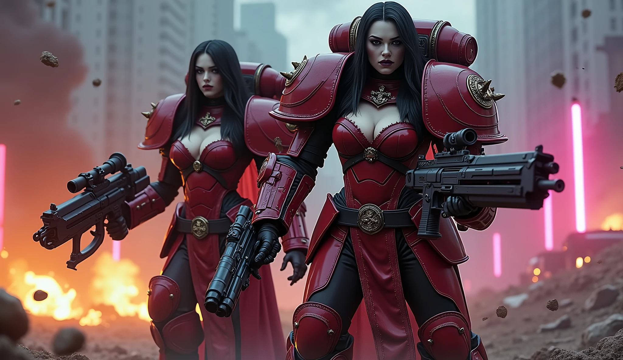 Full body pose sexy sisters of battle from the warhammer 40k, shooting at the enemy, white armor with intricate details, red armor with intricate details, religous symbols on the armor, sisters of battle, warhammer 40k, Massive silicone breast, pale skin, seductive, temptation, eat your soul, clevage, long flowing black hair with purple highlights, heavy gothic makeup, at night, neon, beautiful detailed eyes, beautiful detailed lips, extremely detailed eyes and face, long eyelashes, highly detailed armor, intricate futuristic weaponry, dramatic lighting, cinematic composition, muted color palette, gritty and realistic, mecha, science fiction, hyper-detailed, photorealistic, award winning digital art, 8k, HDR, masters work, in the middle of a battle field, full body combat action pose, explosions and fire around, full war, stunning, Stilleto heels, high heels, full body pose, cinematic, movie trailer, final stand!, nemesis, ready to strike, dust and debree, combat screams, attacking, shooting at the enemy, running forward, last line of defense, charging, fanatic, religious, templar knights, sisters of battle, warhammer 40k