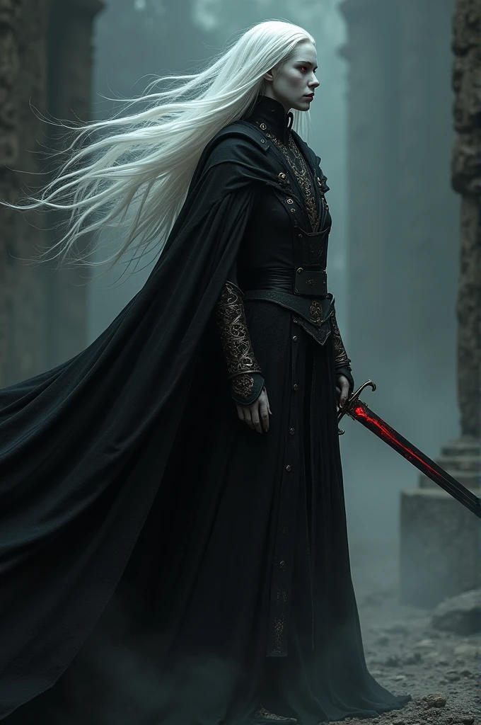 Red-eyed Albino swordsman wearing a long black cape