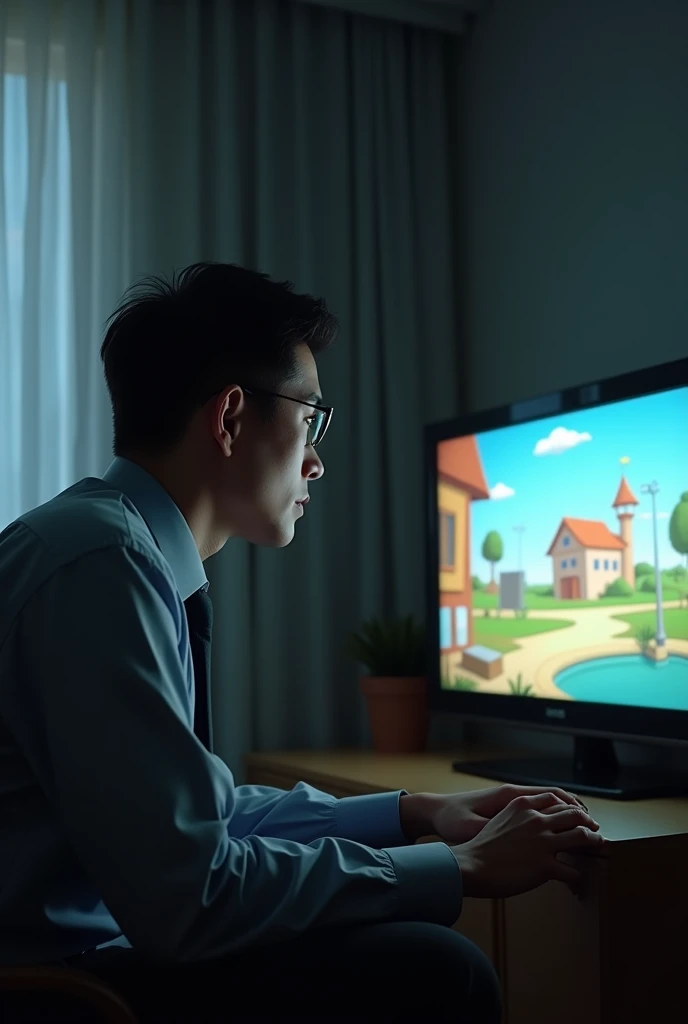 Serious adult person watching cartoon TV and focusing on the TV in front