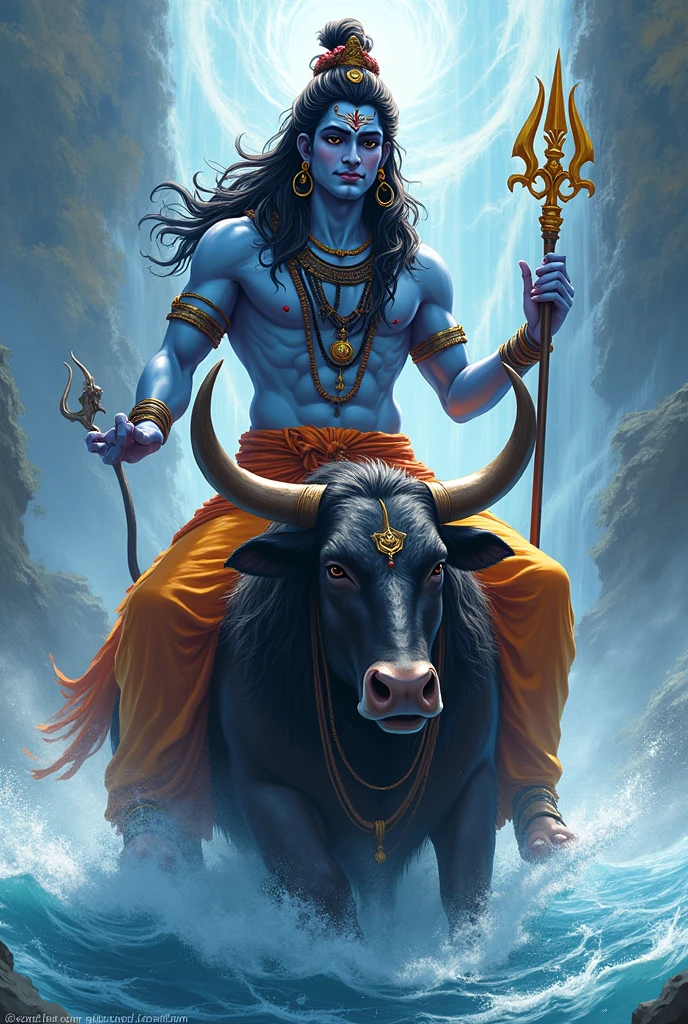 4K quality viral anime in the style of digital illustration of Lord Shiva, holding a trident, sitting on Nandi,Ganga in jatas"