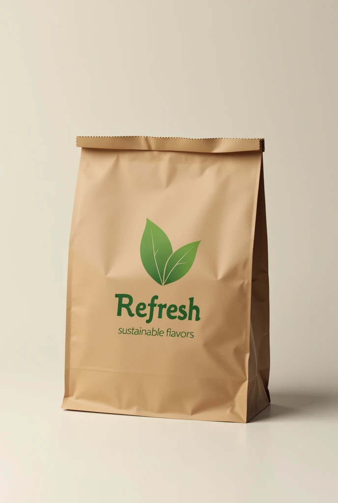 a kraft bag mockup with modern leaf logo and company name (ReFresh) e o slogan: Sustainable Flavors (make everything in brown and green colors) (the slogan the way I wrote it there)
