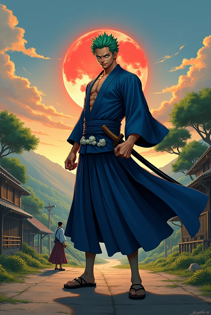 roronoa zoro (Masterpiece, 4K resolution, Very realistic, Very detailed), (White Samurai Theme, Charismatic, There's a swordsman next to a Japanese. "Rides" roadblock, Wearing a blue kimono with cloud details on "Heart" path, He is the commander of the first division of the Mugiwara Division Commander., work "one piece"), [ ((19 years), (Short green hair:1.2),  Full body, (Blue eyes:1.2), ((roronoa zoro's pose), Power Display, Draw a katana with one hand), ((Japanese rural environment):0.8)| (rural landscape, At dusk, dynamic lights), (Blind Sun)), 1 Katana]. # clarification: describes &quot;The wave&quot; بشكل أساسي لوحة ب4K resolution فائقة الوضوح, Very realistic, Very detailed. The swordsman appears, Master of Santorio style of katana, Wearing a blue kimono with cloud details on حزام الخصر. The subject of the painting is the white swordsman., Holding a black katana in one hand, the male protagonist has Short green hair, He is 1 and his fully defined body is shown in the painting., With pumped endomorph properties.